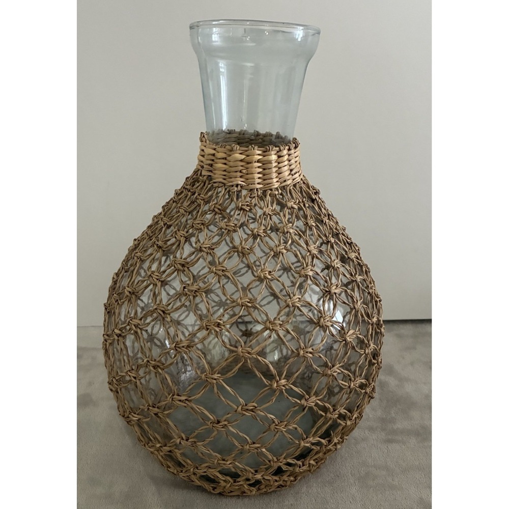 Wicker Wrapped Glass Vase 13x9" Boho Rustic Farmhouse - Picture 3 of 7